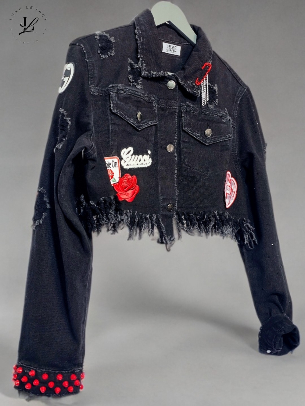 Luxe Legacy Black Cropped Distressed Jean Jacket with Red Accents
